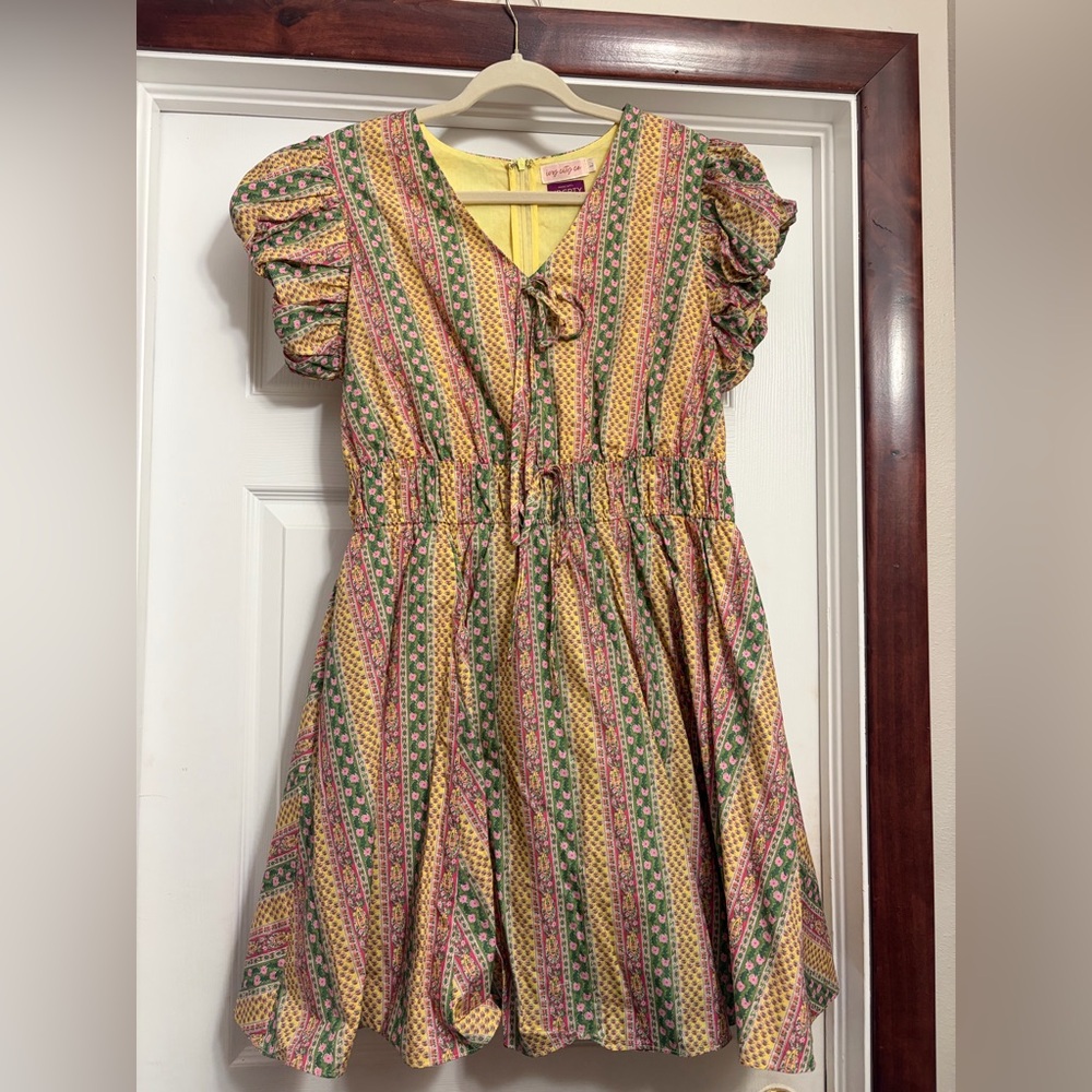 Ivy City Co Liberty fabrics Yellow Dress with Green and Pink Stripes